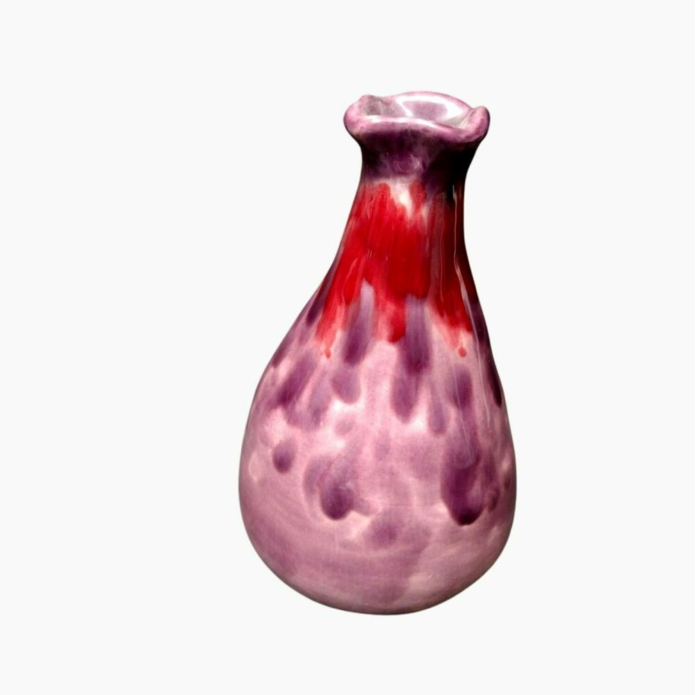 Handcrafted Ceramic Bud Vase With Artistic Glaze Finish, Purple Red Signed